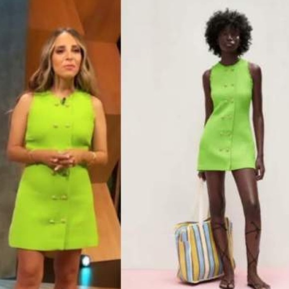 ZARA TEXTURED DRESS NEON GREEN BUTTONS XS Bloggers - Picture 5 of 16